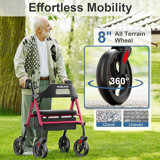 HOMLAND Foldable Rollator Walkers for Seniors with Seat, 16" Enlarged Seat | 8" Big Wheels, 16"×12"x1.9" Thick Padded Seat, Adjustable Seat & Handle Height, Tool-Free Assembly, All Terrain Mobility Aid