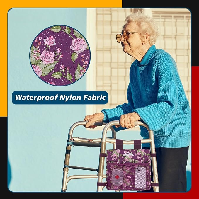 supregear Walker Side Bag, Water Resistant Accessory Basket Pouch for Folding Walkers, Lightweight Hand Free Storage Carrier Tote, Universal Size Seniors Caddy Attachment, Floral Purple