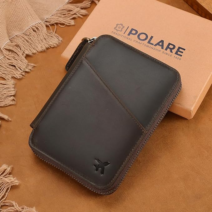 Polare Leather Pilot Wallet Passport Holder RFID Blocking Tri-fold Travel Cover Document Organizer for Aviation Professionals (Dark Brown(YKK Zipper Version))