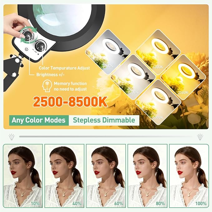 12X Magnifying Glass with Light with Clamp, 35in Extended Long Arm | Overhead Dual Knob Magnifier Lamp 4.2in Real Glass, Adjustable Color Brightness, For Workbench, Craft, Repair, Close Work
