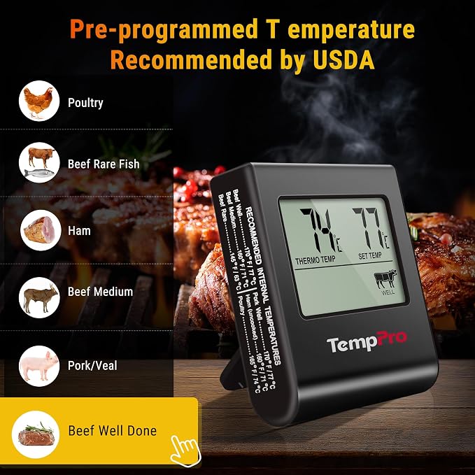 TempPro TempTrack Large LCD Digital Meat Thermometer for Cooking, Smoking | Kitchen Food Probe Thermometer With Clock Timer, Stainless Steel Temperature Probe for Oven Smoker BBQ Grill Candy, Black