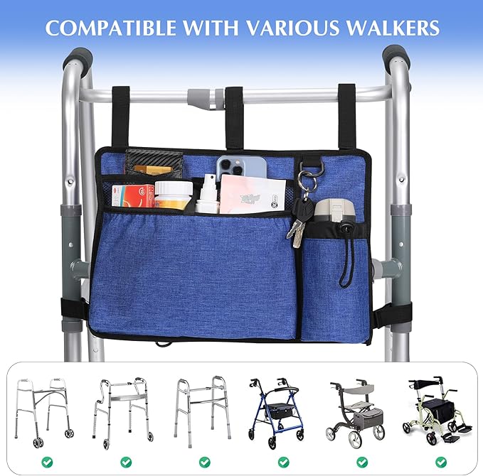 Walker Bags for Folding Walker Seniors Accessories Cup holer basker Storage Carrying organier Pouch,Blue