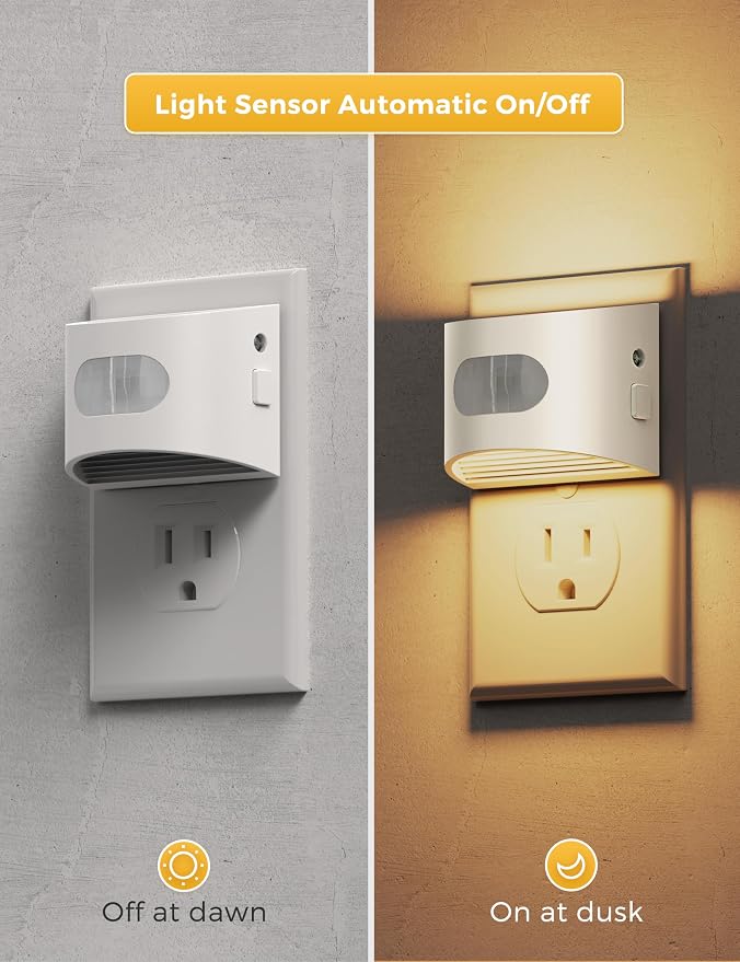 L LOHAS LED Motion Sensor Night Light, Night Lights Plug into Wall, 4 Pack | Nightlight with Dusk to Dawn & Motion Detection Sensor, 30-100Lm Adjustable Brightness, 3000K Warm White, White Housing