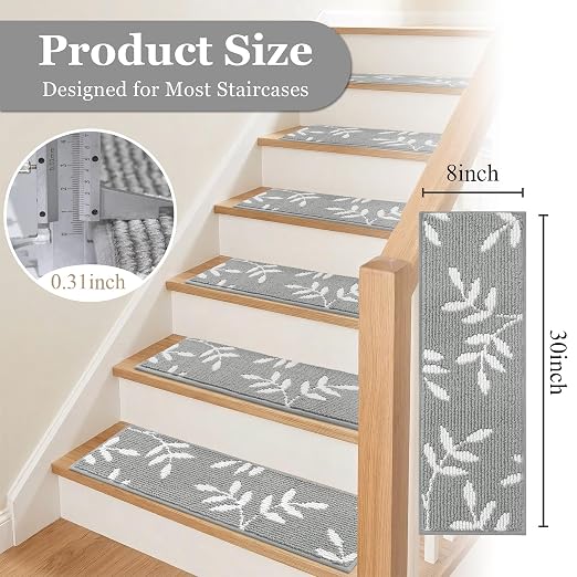 Carpet Stair Treads, Non-Slip Stair Treads for Wooden Steps Indoor | Stair Runner for Pets, Non Skid Staircase Step Treads Washable Reusable, Stair Protectors 30" x8" Set of 7, Green