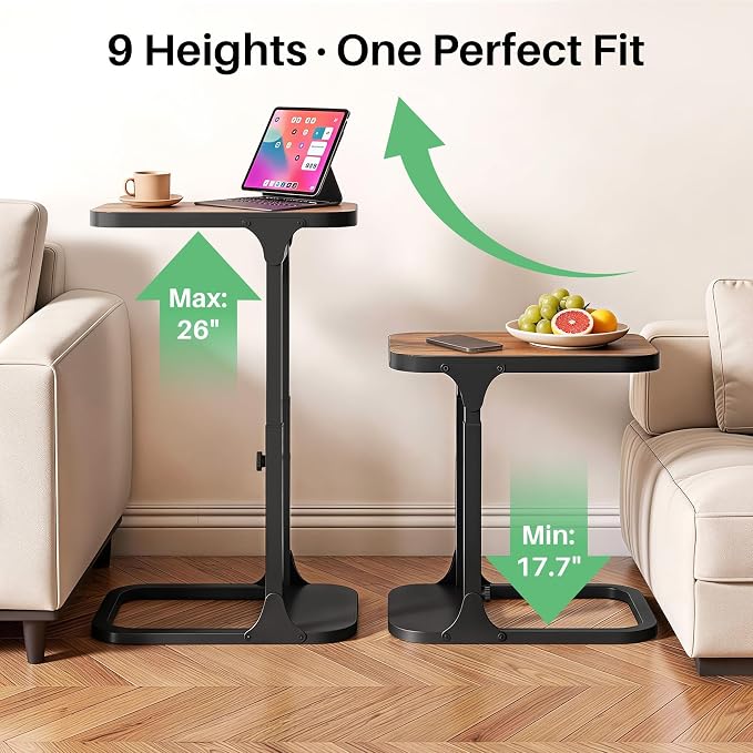 Kitstorack Height Adjustable End Table 2 Pack, Small Side Table for Couch, Sofa Table with Metal Frame for Living Room, Bedroom, Bedside C Shaped Table,Brown