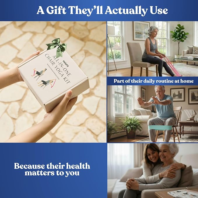 [All-in-One Kit] Chair Yoga for Seniors Over 60: 71 Large Print Exercise Cards with Video + 4 Resistance Bands for Mobility, Balance & Strength | Gift for Mom & Dad