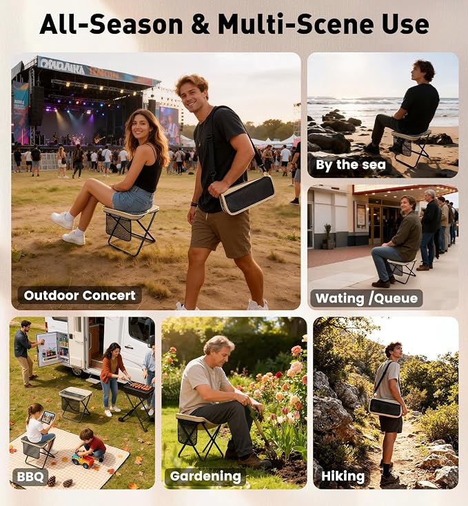 2 Pack Portable Folding Stools for Adults, 13" Height Collapsible Backpack Seat with Side Pocket, Anti-Pinch Camping Stool for Travel Fishing Hiking, 220 Lbs Capacity, Khaki