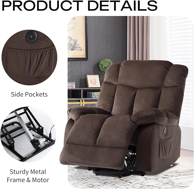 Power Lift Electric Recliner Chair for Elderly- Heavy Duty and Safety Motion Reclining Mechanism-Antiskid Fabric Sofa for Living Room, Chocolate
