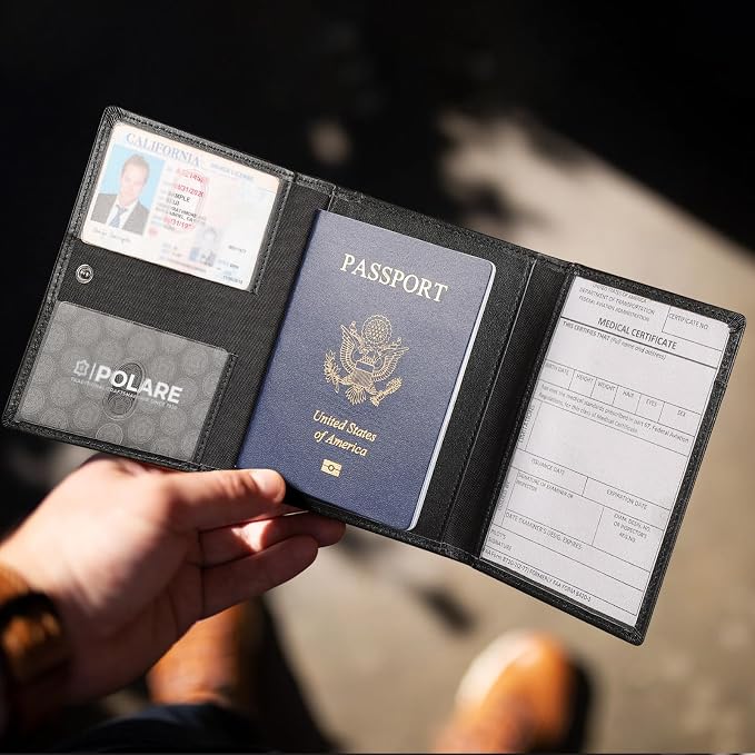 Polare Napa Leather Pilot Wallet Passport Holder RFID Blocking Tri-fold Travel Cover Document Organizer for Aviation Professionals (Black)