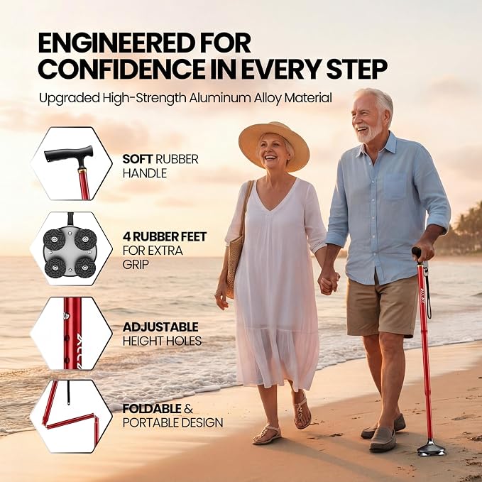 Allay Walking Canes for Men & Women - Adjustable Canes for Women for Stability, Self Standing Wide Quad Pivot Base, Light Weight, Soft Handle Grip and Travel Bag, Walking Sticks for Seniors