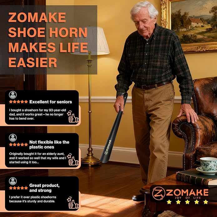 ZOMAKE Shoe Horn Long Handle for Seniors Men Women,16.5" Metal Long Shoehorn for Boots Shoe Spoon Helper