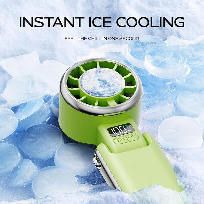 SHEWIND Portable Handheld Fan with Ice Cooling - 5 Gear High Speed Turbo Personal Fan Rechargeable, Up to 13 Hrs, Mini Hand Fans for Travel Essentials, Beach Vacation, Gifts for Women, Men (Green)