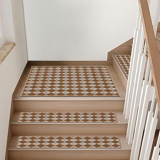 Non Slip Stair Treads for Wooden Steps, 4 Pack 8"x30" Washable Carpet | 8x30 in soft chenille polyester stair treads with reusable TPE backing for indoor wood stairs, dogs, kids, and seniors