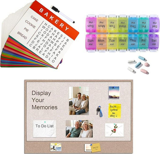 Thoughtful Gift for Seniors, 3-Piece Daily Support Set with Felt Board, Word Search Cards, and Pill Organizer, Memory and Routine Helper for Home Use, Ideal Gift for Elderly Men and Women