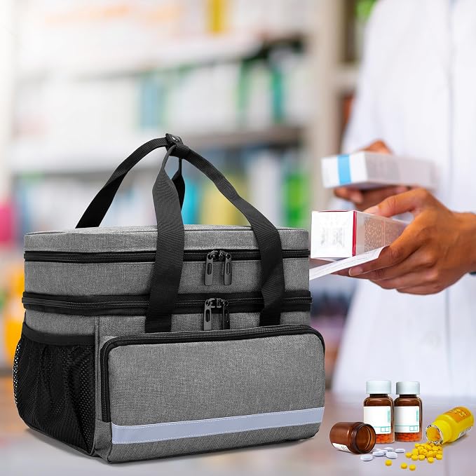 CURMIO Double Layers Pill Bottle Organizer, Medicine Storage Case, Gray | Emergency Medical Supplies for Home Care, for First Aid Kits, Multifunctional Bag, Home Storage, Dormitory, Travel, Empty Bag