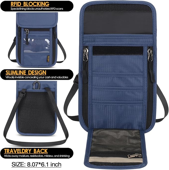 Travel Neck Wallet RFID Blocking – Hidden Passport Holder & Anti-Theft Money Pouch for Men & Women, Lightweight Concealed Undergarment Organizer with Adjustable Strap, Secure Document Holder