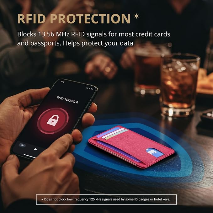 Buffway Slim Minimalist Front Pocket RFID Blocking Leather Wallets for Men and Women - Lichee Red