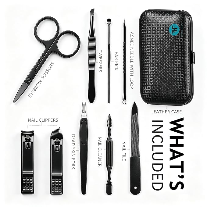 HANTEKAS Manicure Set 9 in 1 Stainless Steel, Nail Clippers Scissors Pedicure Tools Kit - Portable Travel Grooming Kit for Men and Women with Black/Blue Leather Case (Blue)