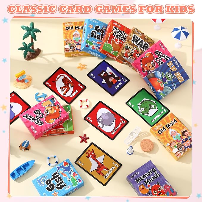 Zubebe 14 Pack Kids Card Games Gifts Bulk Classic Playing Card Game Set for Kids Includes Go Fish, Old Maid, Crazy Eights, Memory Match, Slap Jack, Playing Toy for Party Favors (Vivid)