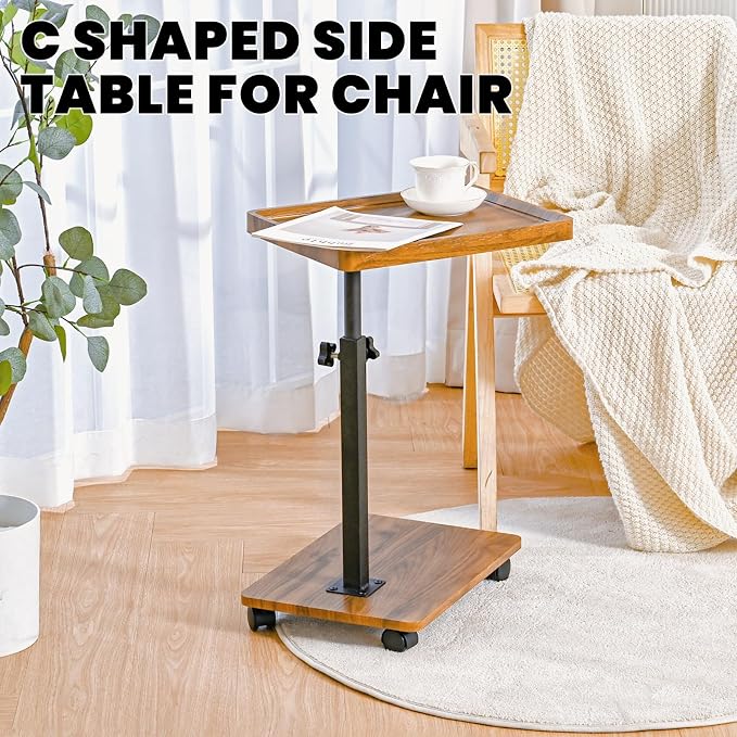 C Table End Table Adjustable Height,C Shaped End for Couch，Snack Tables,360°Swivel TV Tray Sofa Table,Tables that Slide Under,Coffee SideTable for Bed,Chair,Bath-tub (Original Wood Color)