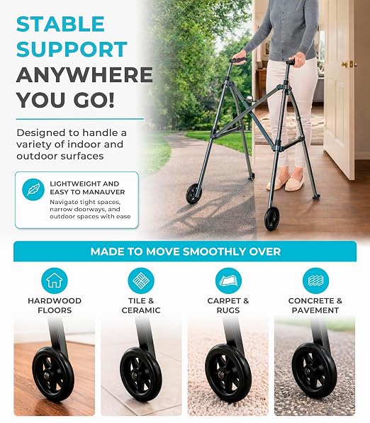 Stander Wonder Walker with 5-inch Wheels, Lightweight Folding Walker for Adults, Seniors, and Elderly, Collapsible Travel Walker, Ski Glides for Mobility Support, Compact, Black Walnut