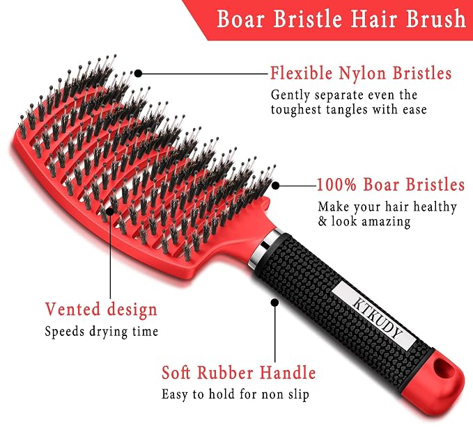 Detangling Brush for Women & Kids, Wet & Dry Hair, All Hair Types | Less pulling & breakage, Boar bristles tame frizz & add shine, Vents for faster blow-drying, Lightweight 4 oz, Non-slip grip