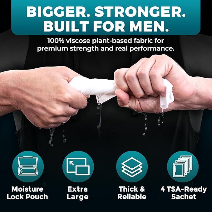 XL Body Wipes for Men – 50 No Rinse Shower Sheets + 4 Travel Bath Sachets, 10" x 11.5" Adult Disposable Washcloths and Face Towels for Camping, After Gym and Survival Gear