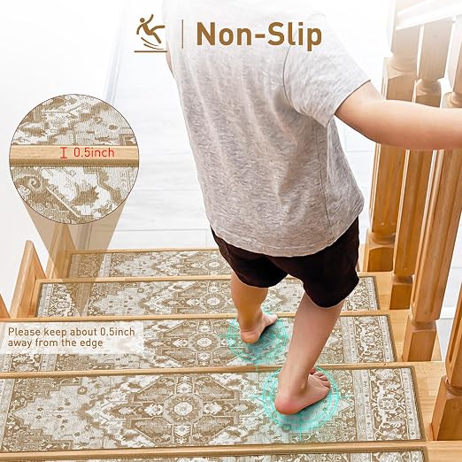 Stair Treads for Wooden Steps Indoor, 15 Pack 8" X 30" Non Slip Carpet Stair Treads with Reusable Adhesive for Kids Elders and Dogs, TPR Backing Stair Rugs Oriental Staircase Step Treads,Bohemia