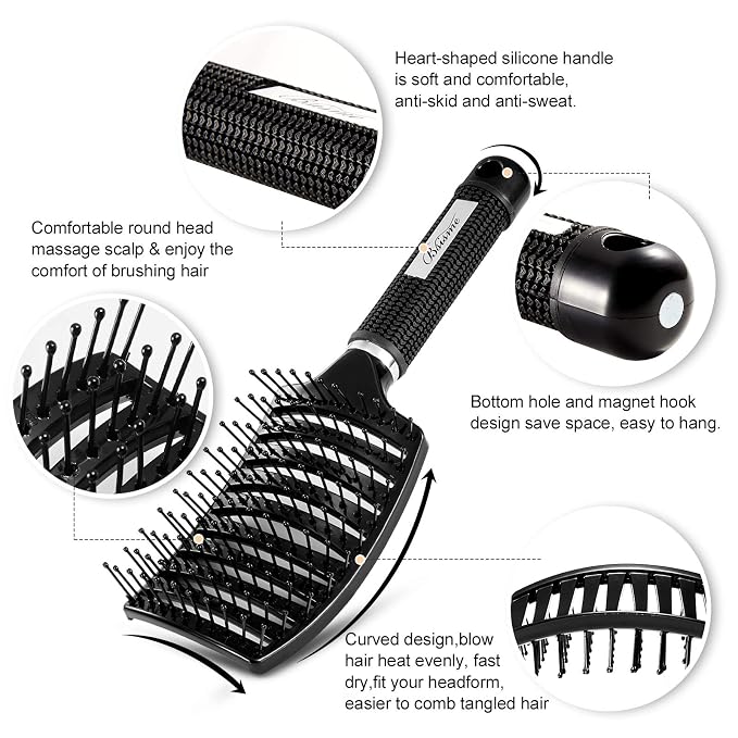 Hair Brush, Curved Vented Detangler Brush Faster Blow Drying for Women, Men | Professional Paddle Detangling Hairbrush for Wet Dry Curly Thick Fine Wavy Straight Hair, Reduce Breakage & Split Ends
