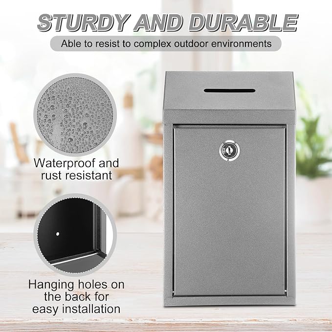 Yaocom Metal Money Box,Gray,10.24 x 5.71 x 2.95 Inch,No Lid | Wall Mounted Drop Donation Cash Box for Farm Stand Collection Safe Suggestion Box with Lock Container for Home Office Outdoor