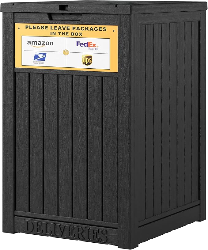 Outdoor Package Delivery Box with Lockable Secure and Sign, Resin Waterproof Outdoor Package Drop Container for Backyard, Garden, Patio & Lawn, Black with Sign