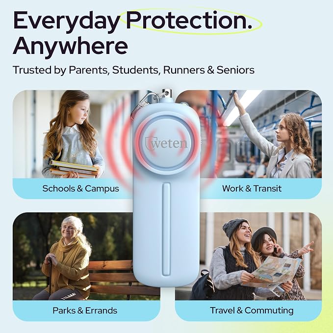 Weten Personal Safety Alarm Keychain for Women, Blue | 130dB Siren, LED Light, Panic Pin, Self-Defense Device, Emergency Whistle Alternative for College, Travel, and Night Walk