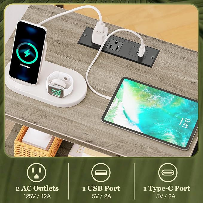 SUPERJARE Nightstand with Charging Station, USB-C Port, Bedside Table | Night Stand for Bedroom, with Adjustable Fabric Drawer, 3-Tier Storage End Table, for Living Room, Oak