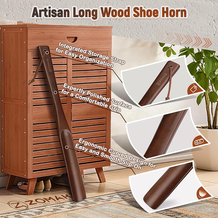 ZOMAKE Wooden Shoe Horn Long Handle for Seniors Men Women 16.5"/16.9" | Wood Long Shoehorn Boot Horn, Shoe Spoon Helper, Shoes Protection, No Bend Over, Easy Shoe Wear for Home Use