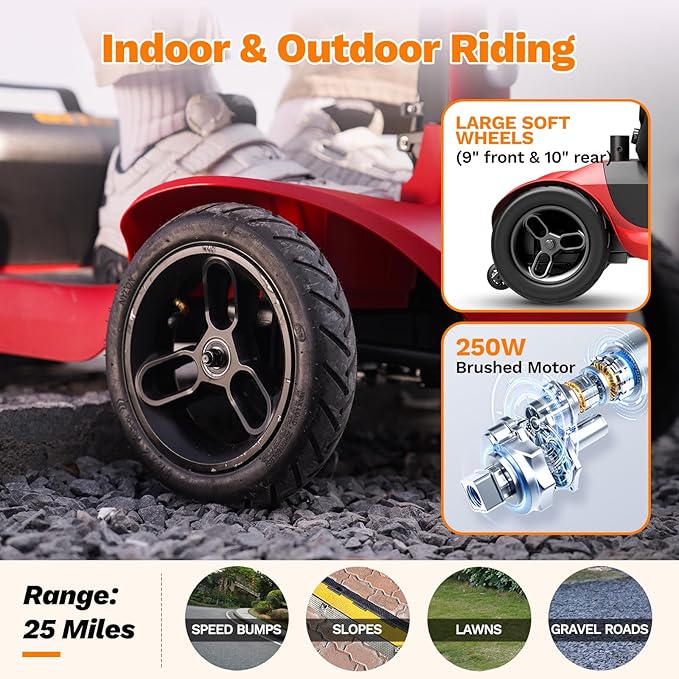 S1 Folding 4-Wheel Mobility Scooter for Seniors – 25-Mile Range, 6.2 mph, All-Terrain Electric Scooter with Adjustable Swivel Seat, 265 lb Capacity, Removable 24V 20Ah Battery – Red