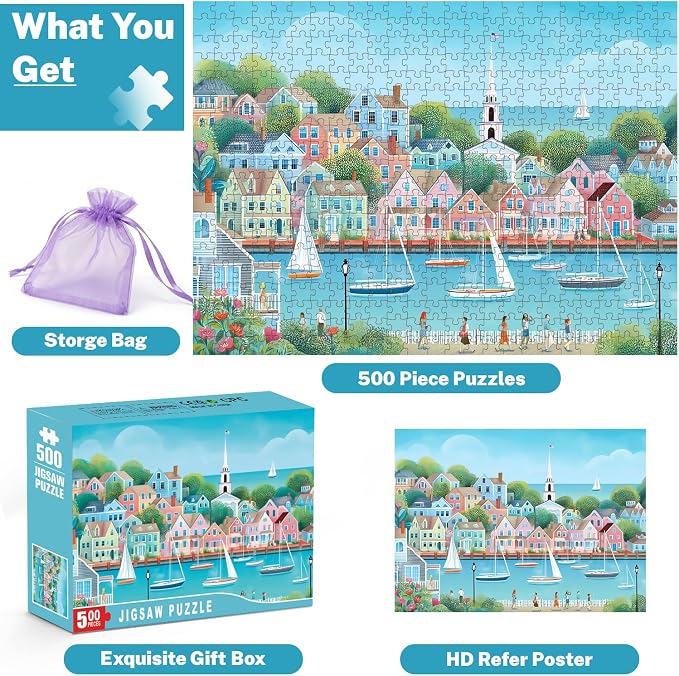 500 Piece Jigsaw Puzzle for Adults, Coastal Harbor Town | Coastal harbor town with sailboats, pastel houses, seaside views, poster, storage bag, back letters and thick cardboard