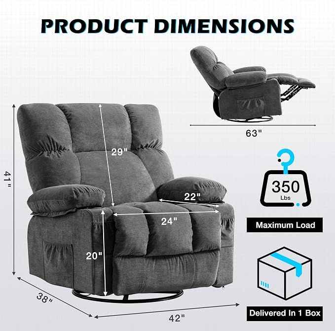 MAHOMICO Oversized Recliner Chair with Massage and Heat, 360° Swivel Rocker | Fabric swivel rocker recliner with ergonomic support, USB charging, cup holders and side pocket for living room