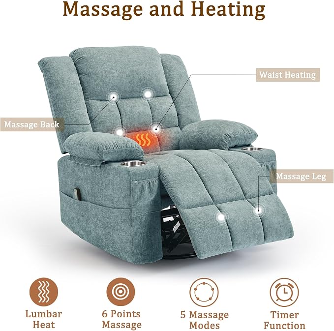 Korser Adult 360° Swivel Rocking Recliner, Nursery Rocking Chair with Massage and Heating Function, Cup Holder, Manually Adjustable Seat for Living Room and Bedroom (Fabric, Lake Blue)