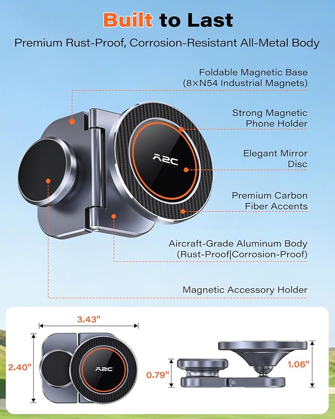 A2C Original Fold-Magnet Golf Cart Phone Holder with Rangefinder Mount, CNC Aircraft-Grade Aluminum Alloy, Premium Fathers Day Golf Gifts for Men Dad Him Women, Golf Accessories Essentials Gadgets