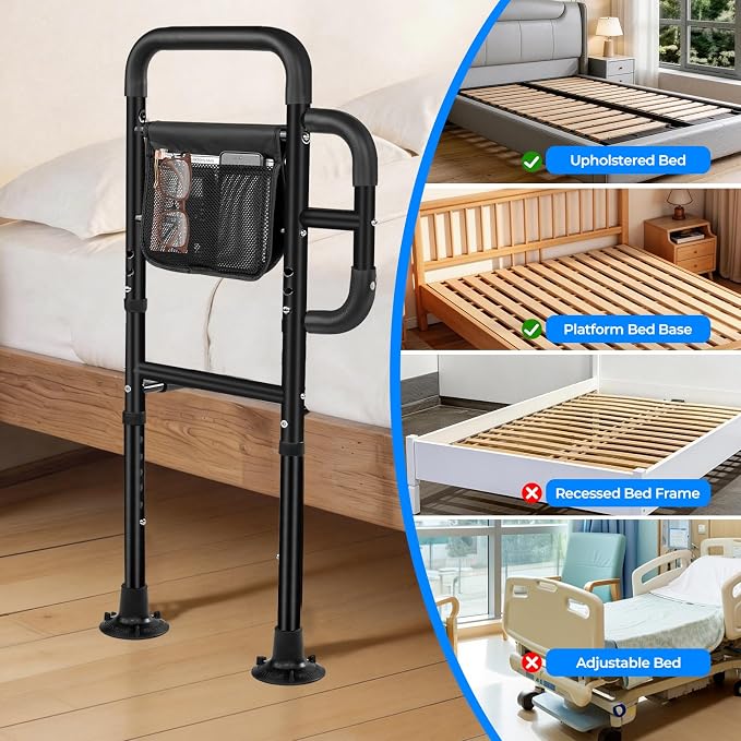 Bed Rails for Elderly Adults Safety, ASTM Tested 400 LBS Bed Assist Rail with Side Assist Handle, Ergonomic Foam Grip, Bed Cane for Seniors, Adjustable Height Thickened Carbon Steel Frame (Black)