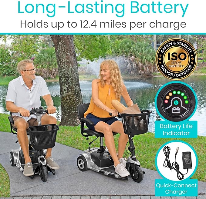 Vive 3 Wheel Mobility Scooter - Electric Powered Mobile Wheelchair Device for Adults - Folding, Collapsible and Compact for Travel - Long Range Power Extended Battery with Charger and Basket Included