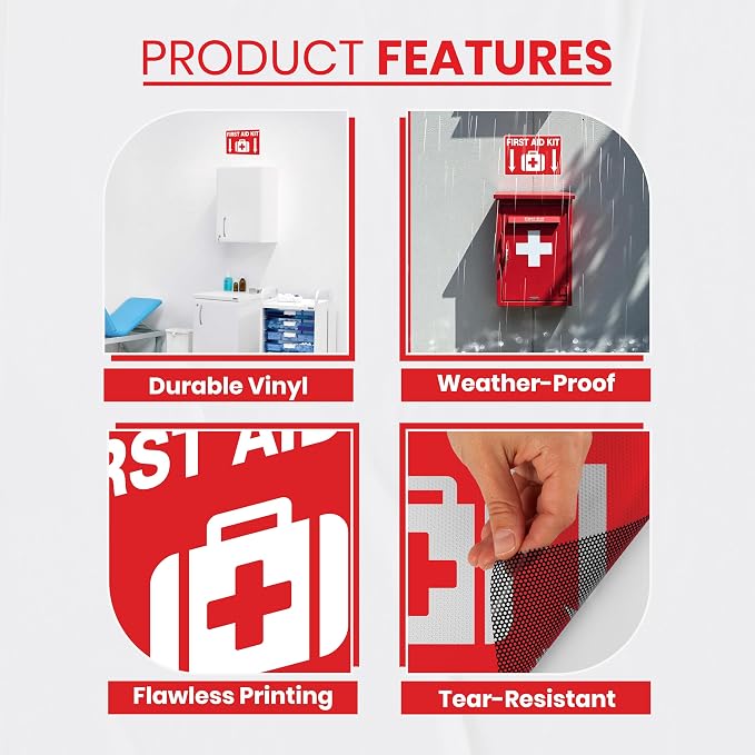 3 x First Aid Kit Sign | 10 x 7 Inch Premium Vinyl First Aid Sticker | UV-resistant, Water-proof First Aid Kit Inside Sign | First Aid Kit Inside Sticker