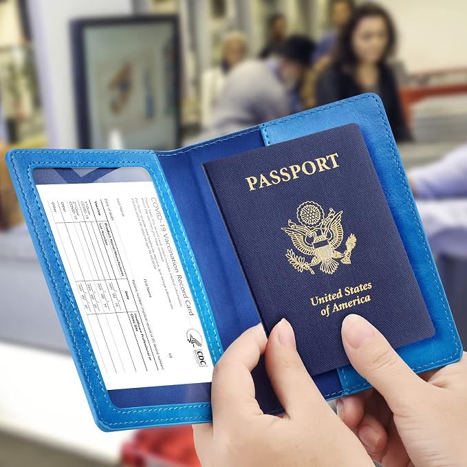Eoehro Unisex-Adult Passport and Vaccine Card Holder Combo, Sky Blue, Faux Leather, RFID Protected