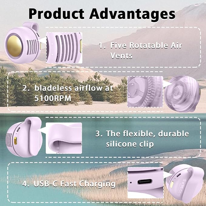 Portable Clip-On Fan, Mini USB Rechargeable 360° Rotatable Fan, Personal Fan 3-Speed Silent Mini Bladeless Fans (2 pack（Pink and Purple）)