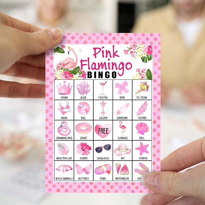 Pink Flamingo Bingo Game Cards, Hawaiian Bingo Games for Adults, Tropical Summer Cards Supplies, Jungle Birthday Party Decor Favors, Card Gifts for Women Friends Family Holiday, 10