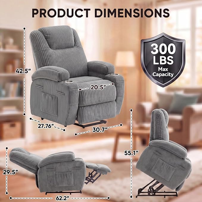 Flamaker Power Lift Chair Massage Recliner Chairs for Elderly | Ergonomic Lift Recliner Design with Cup Holders & Side Pockets, Remote Control (Corduroy, Dark Gray)