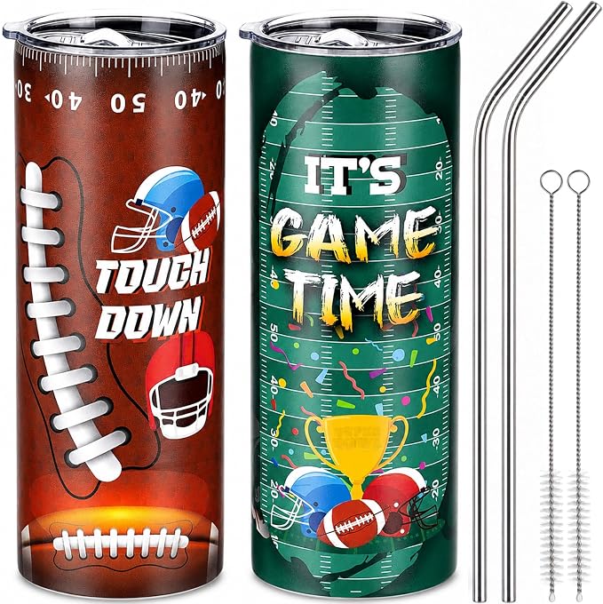 Geiserailie 2 Pack Football Tumbler Cups Gifts 20 oz Insulated Stainless Steel Sports Travel Mug with Lids Straws for Christmas Father's Day Men Dad Football Lovers Fans