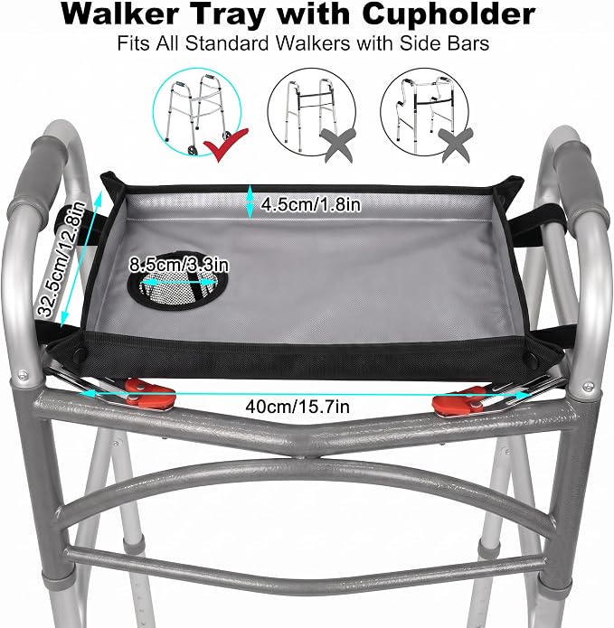 Walker Tray for Folding Walker with Cup Holder, Detachable Tray for Walker, Walker Accessories for Senior with Non-Slip Mat, Universal Fit for Meals, Drinks, Reading,Laptop (Black)