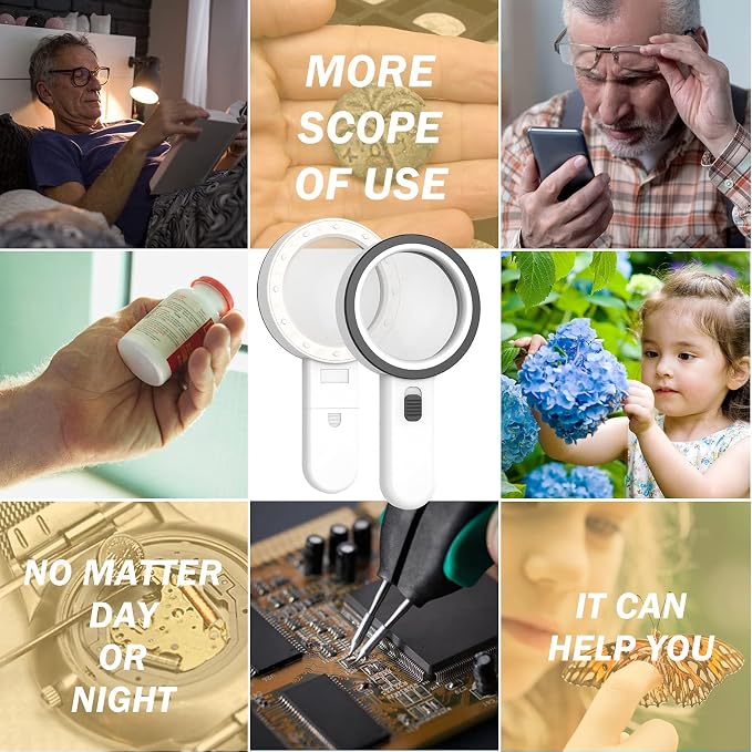 AIXPI Magnifying Glass with Light, Double-Layer Glass Lens Handheld Large Magnifying Glass 12 LED Lighted Magnifier for Seniors Reading, Coins, Jewelry, Close Working