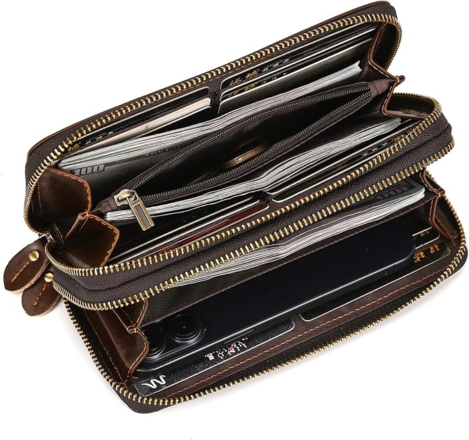Genuine Leather Long Wallet for Men, Large Capacity Purse Clutch Bag Handbag Checkbook Cash Credit Cards Phone Holder | Large Capacity